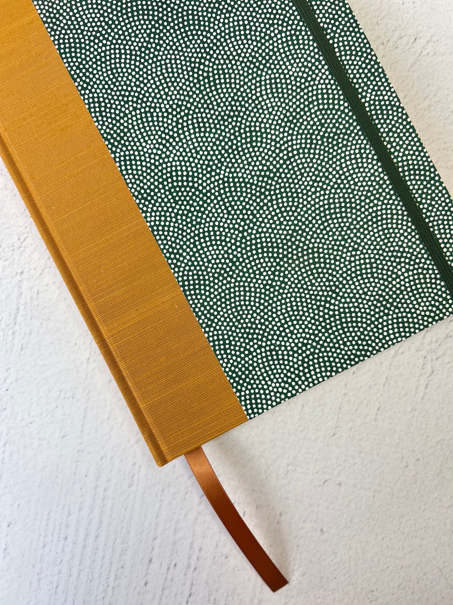 A5 Hardcover Notebook finished in White Polka Dots on Green Chiyogami Paper