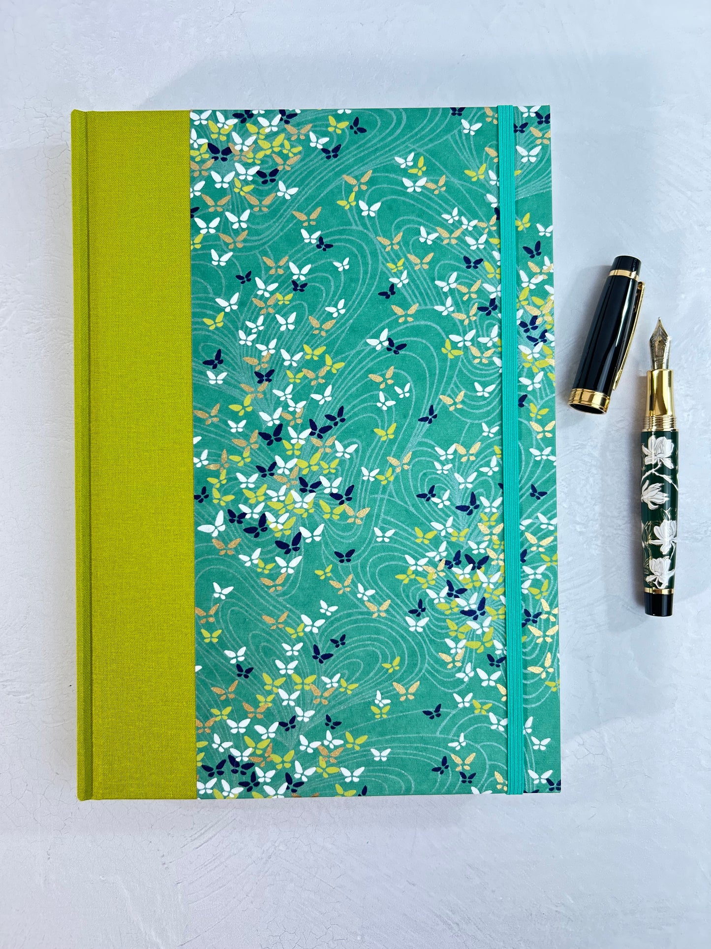 B5 192-page Hardcover Journal finished in Lemongrass Verona book cloth and Butterfly Chiyogami Paper