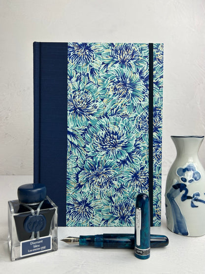 B5 192-page Hardcover Journal finished in cadette blue Japanese book cloth and blue Peonies Chiyogami Paper