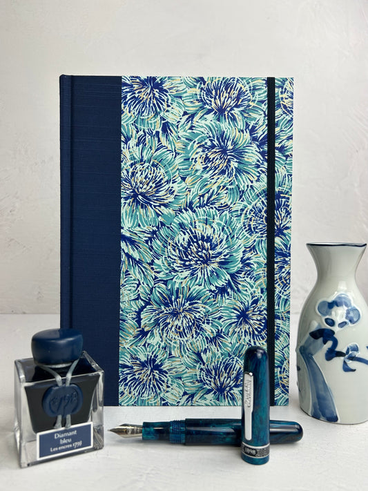 B5 192-page Hardcover Journal finished in cadette blue Japanese book cloth and blue Peonies Chiyogami Paper