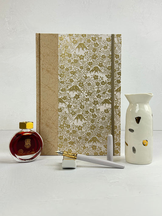 B5 192-page Hardcover Journal finished in Creme Satin Japanese book cloth and Gold on White Chiyogami Paper