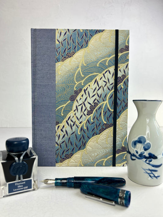 B5 192-page Hardcover Journal finished in Blue Silver book cloth and Vintage Floral Chiyogami Paper