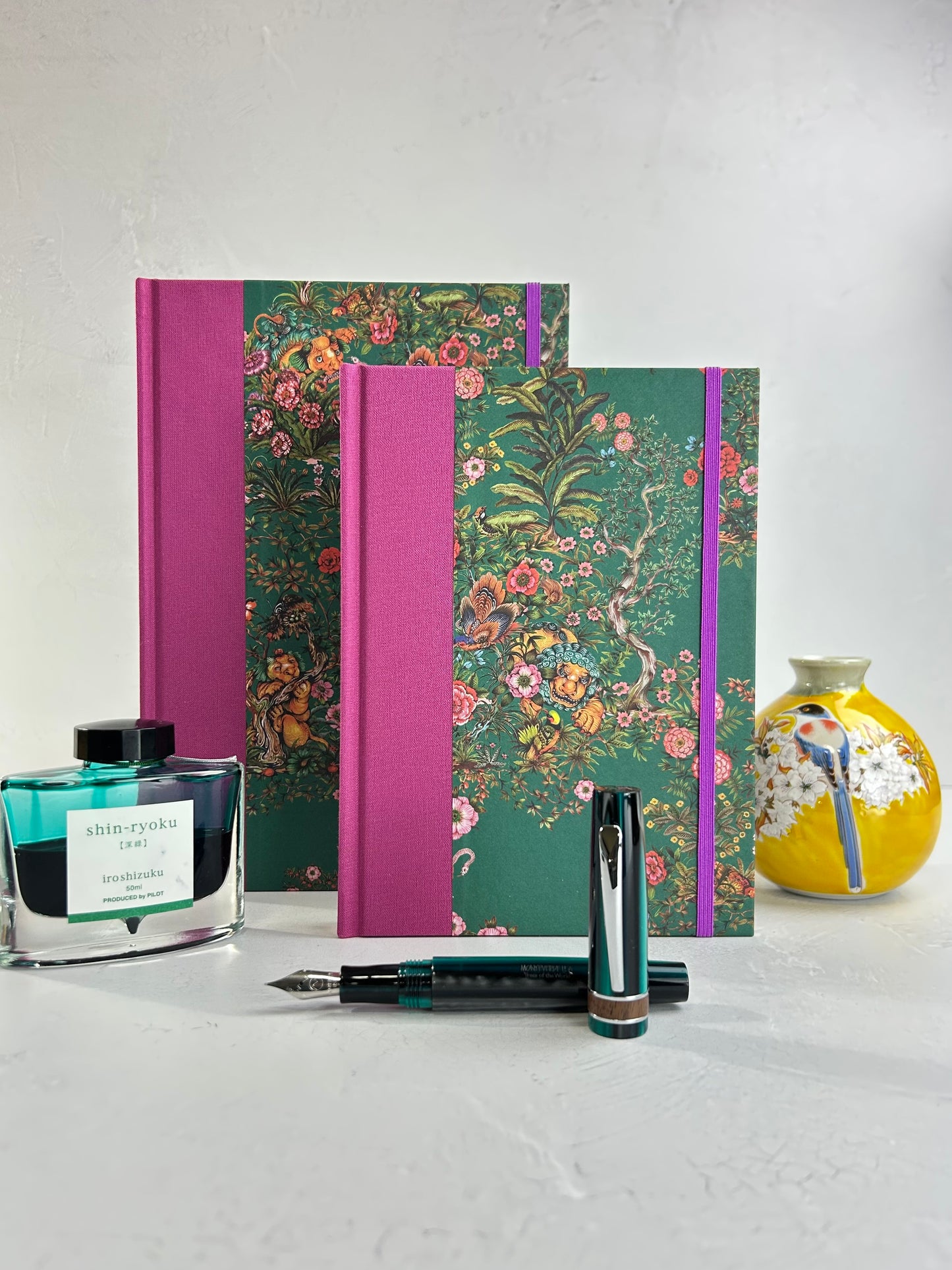 B5 192-page Hardcover Journal finished in Berry Bloom Verona book cloth and Oasis Print by Phannapast Taychamaythakool