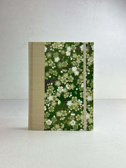 A5 160-page Hardcover Journal finished in Platinum Japanese book cloth and Cherry Blossom Chiyogami Paper