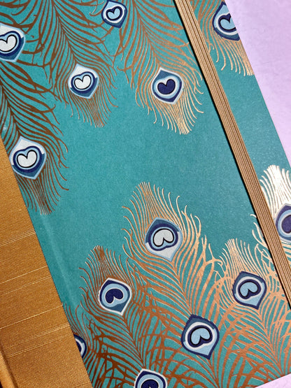 A5 Hardcover Notebook finished in Yellow Gold Japanese Book cloth and Matthew Williamson Peacock print