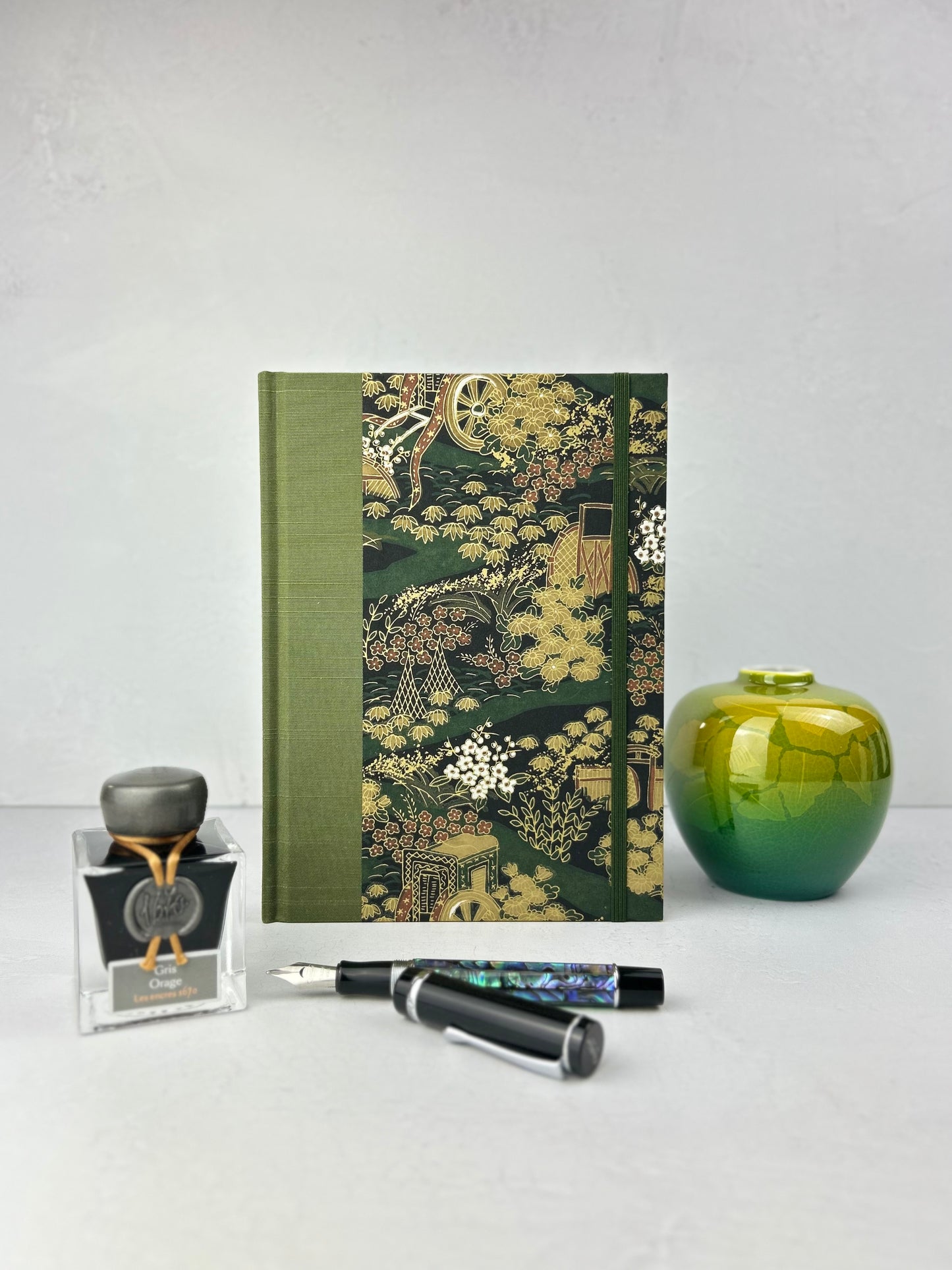 A5 Hardcover Notebook finished in Olive Green Japanese book cloth and Vintage Chiyogami Paper