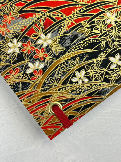 A5 160-page Hardcover Journal finished in Red Italian Verona book cloth and Vintage Floral Chiyogami Paper