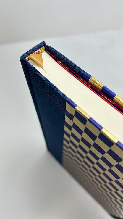 A5 160-page Hardcover Journal finished in Cadet Blue Japanese book cloth and Checkered Chiyogami Paper