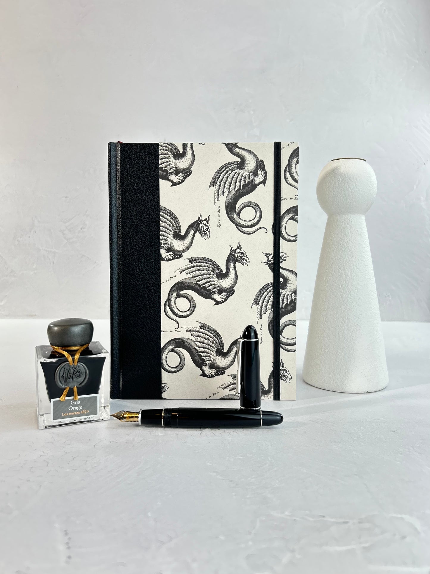 A5 160-page Hardcover Journal finished in Black Vaux Leather and Italian Letterpress dragon design