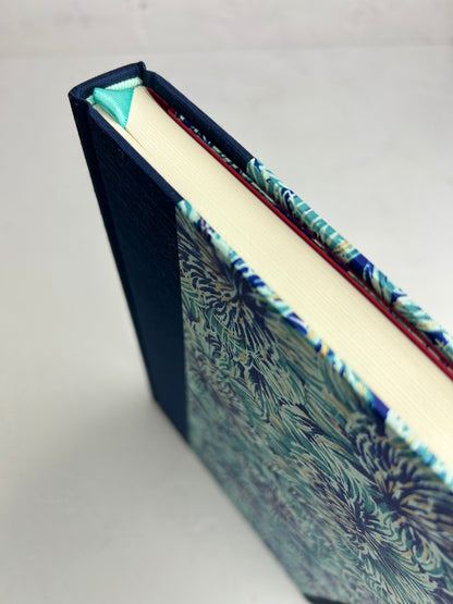 B5 192-page Hardcover Journal finished in cadette blue Japanese book cloth and blue Peonies Chiyogami Paper
