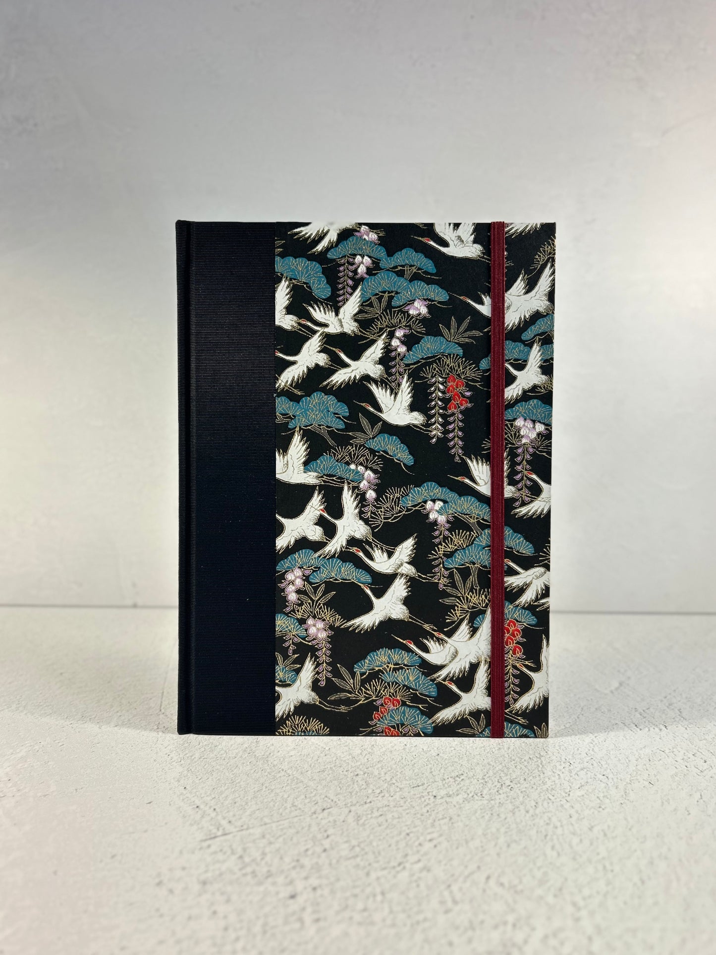 A5 Hardcover Notebook finished in White Cranes on Black Chiyogami Paper