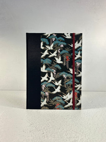 A5 Hardcover Notebook finished in White Cranes on Black Chiyogami Paper