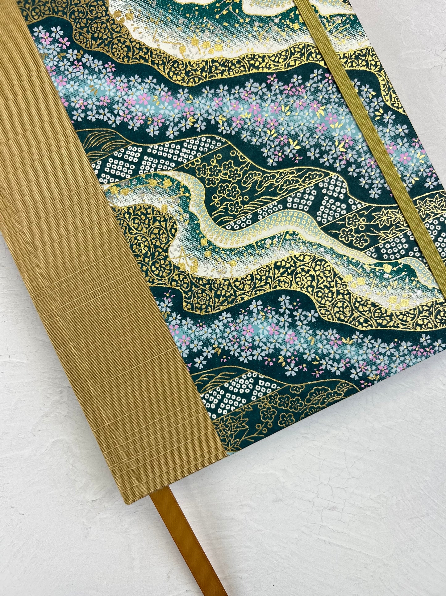 A5 160-page Hardcover Journal finished in Soft Gold Japanese book cloth and Floral Chiyogami Paper