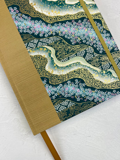 A5 160-page Hardcover Journal finished in Soft Gold Japanese book cloth and Floral Chiyogami Paper
