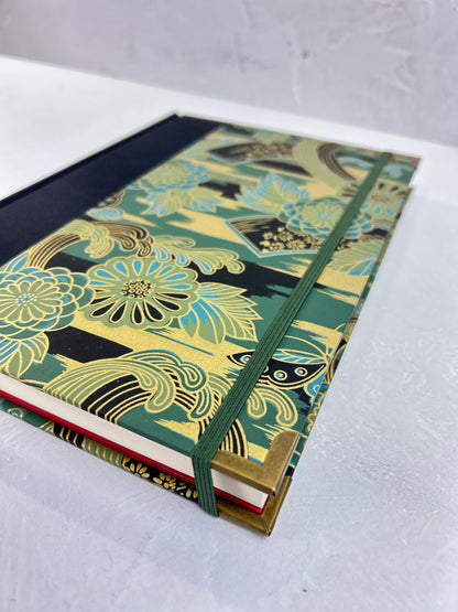 A5 Hardcover Notebook finished in Black Japanese book cloth and bold botanical Chiyogami Paper