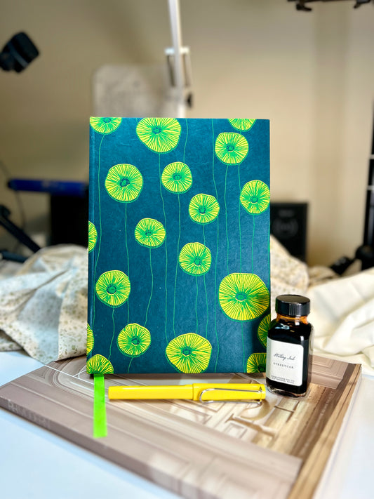 Silkscreened Green Poppies in Blue Lokta, Handcrafted B5 Hardcover Notebook