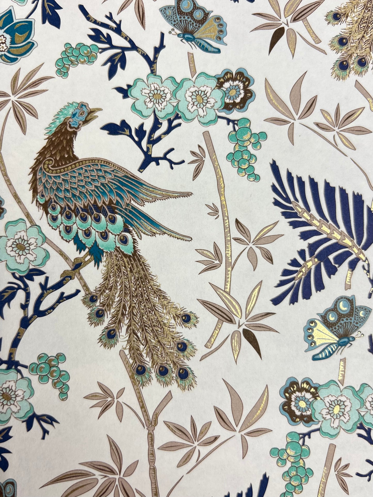 B5 Hardcover Notebook finished in Cadette Blue Japanese book cloth and Gold Peacock Italian Print