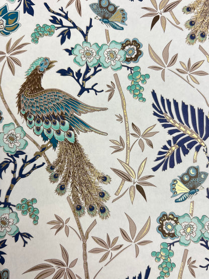 B5 Hardcover Notebook finished in Cadette Blue Japanese book cloth and Gold Peacock Italian Print