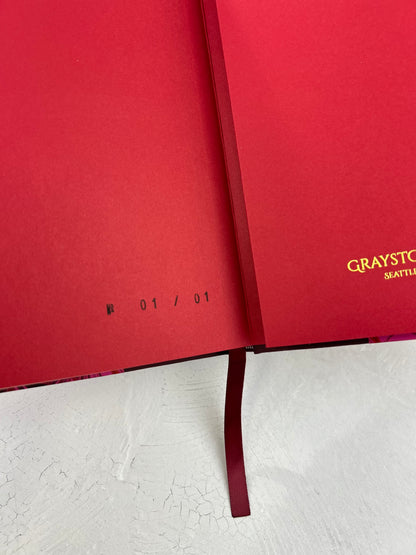B5 192-page Hardcover Journal finished in Maroon Japanese book cloth and red/pink hand marbled paper by Daniel Gaál
