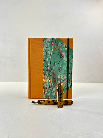 A5 160-page Hardcover Journal finished in Ochre Japanese book cloth and green French Marble Paper