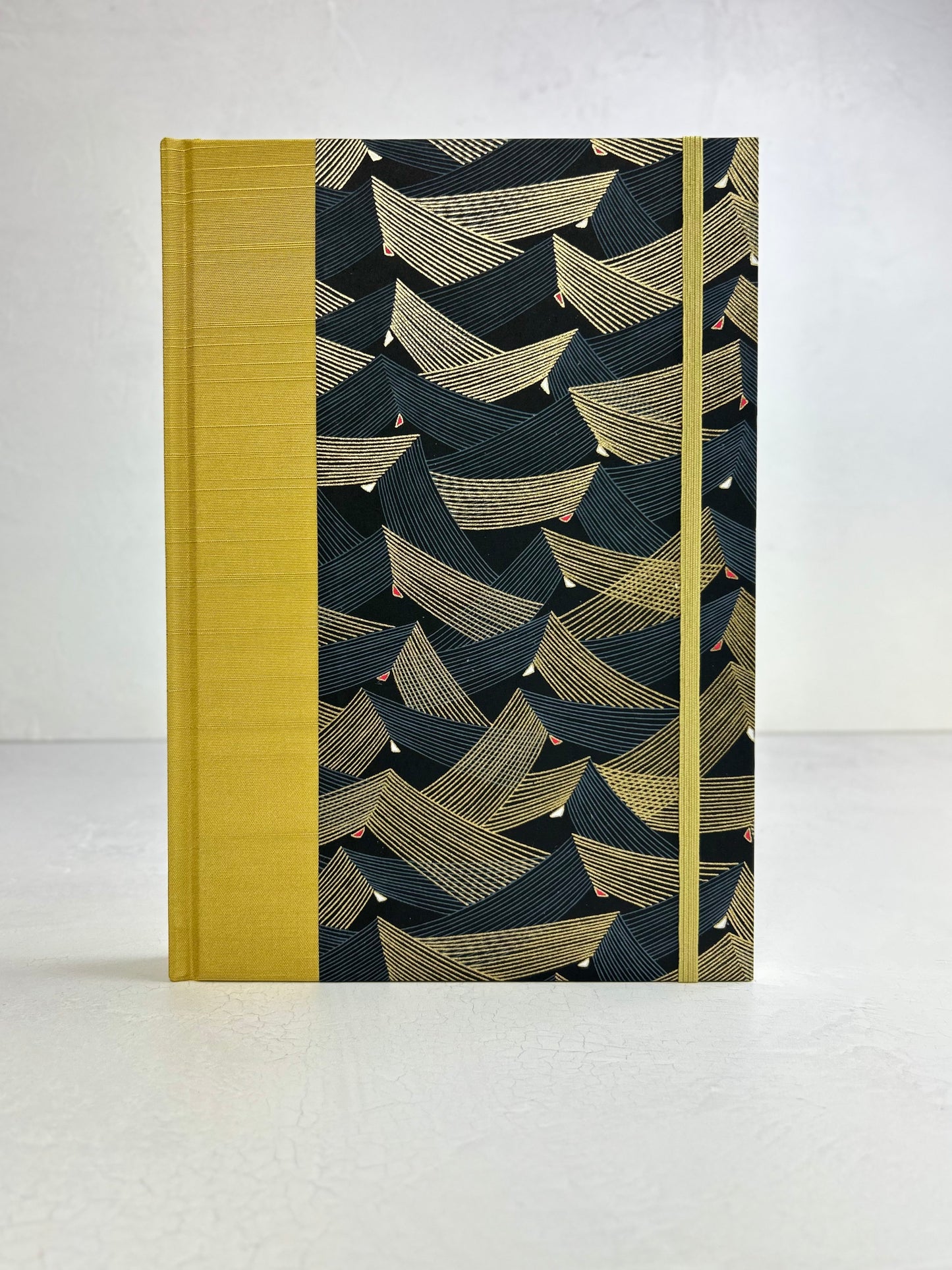 B5 192-page Hardcover Journal finished in Yellow Gold Japanese book cloth and Golden Peaks Chiyogami Decorative Paper