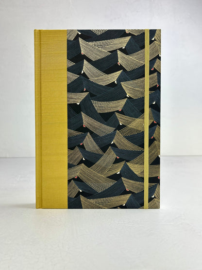 B5 192-page Hardcover Journal finished in Yellow Gold Japanese book cloth and Golden Peaks Chiyogami Decorative Paper