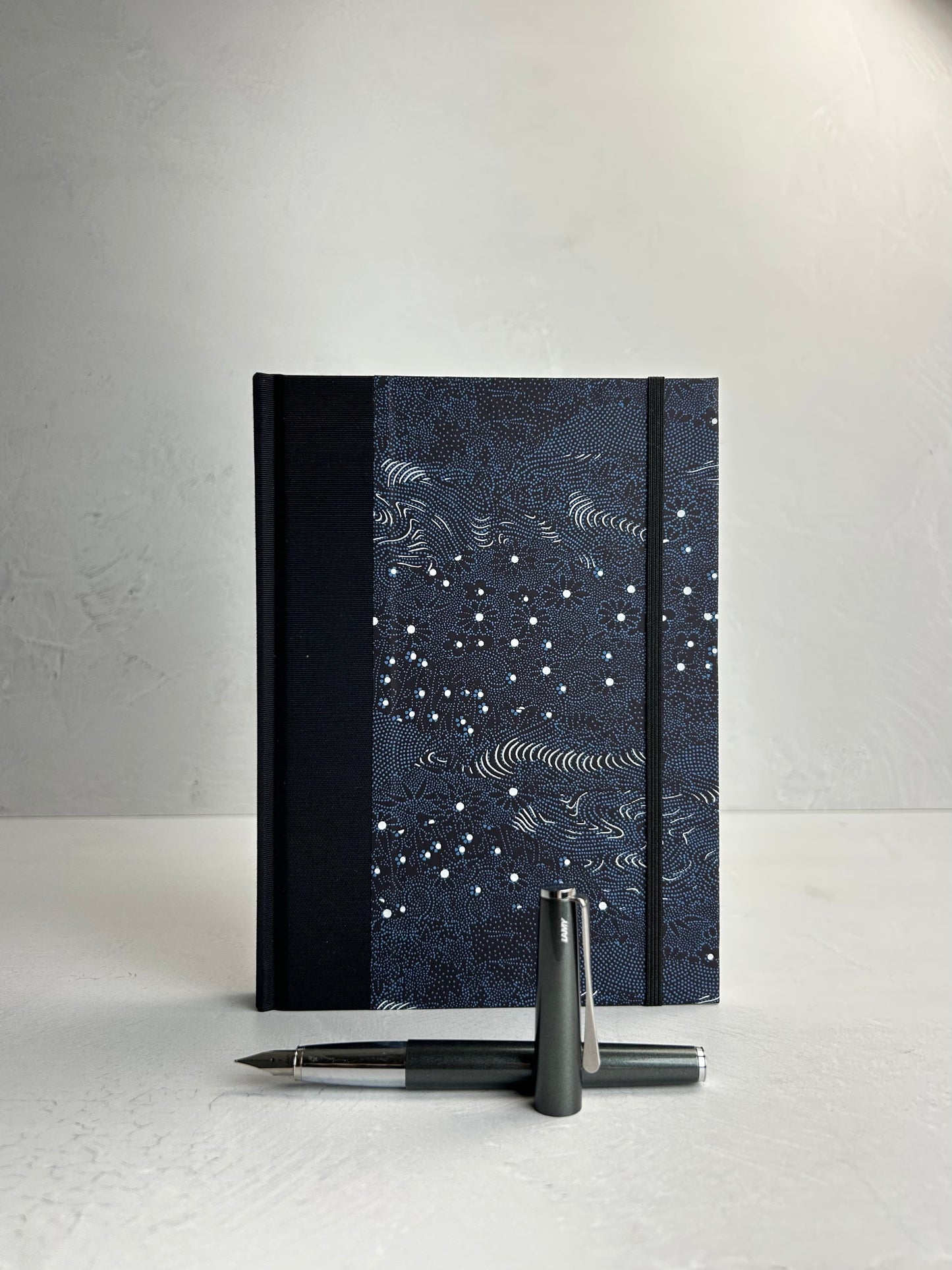 A5 160-page Hardcover Journal in finished Black Japanese book cloth and dark blue Chiyogami Paper