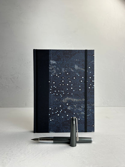 A5 160-page Hardcover Journal in finished Black Japanese book cloth and dark blue Chiyogami Paper