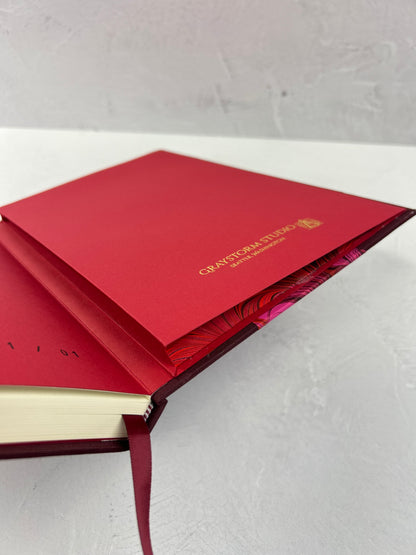 B5 192-page Hardcover Journal finished in Maroon Japanese book cloth and red/pink hand marbled paper by Daniel Gaál