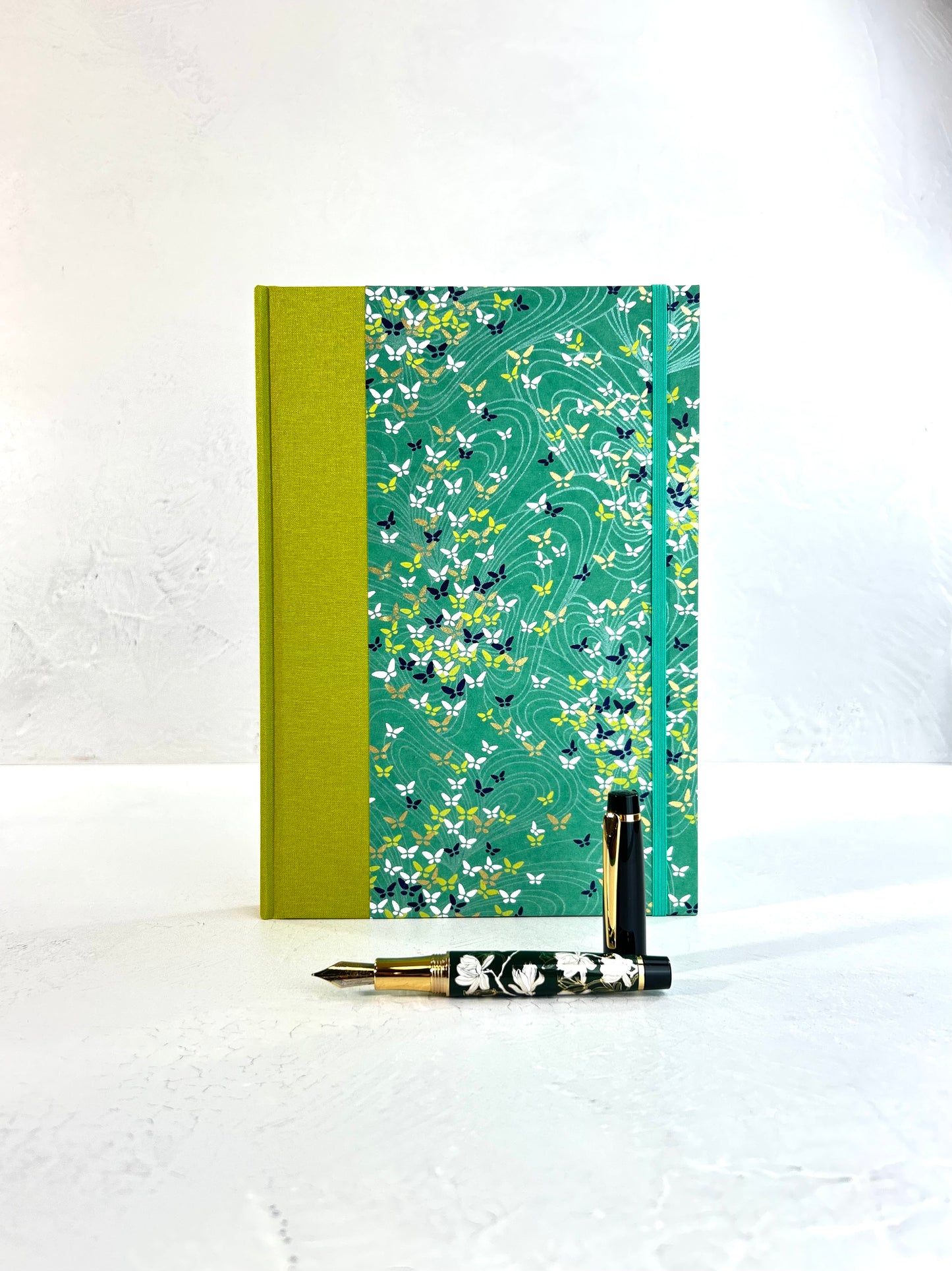 B5 192-page Hardcover Journal finished in Lemongrass Verona book cloth and Butterfly Chiyogami Paper