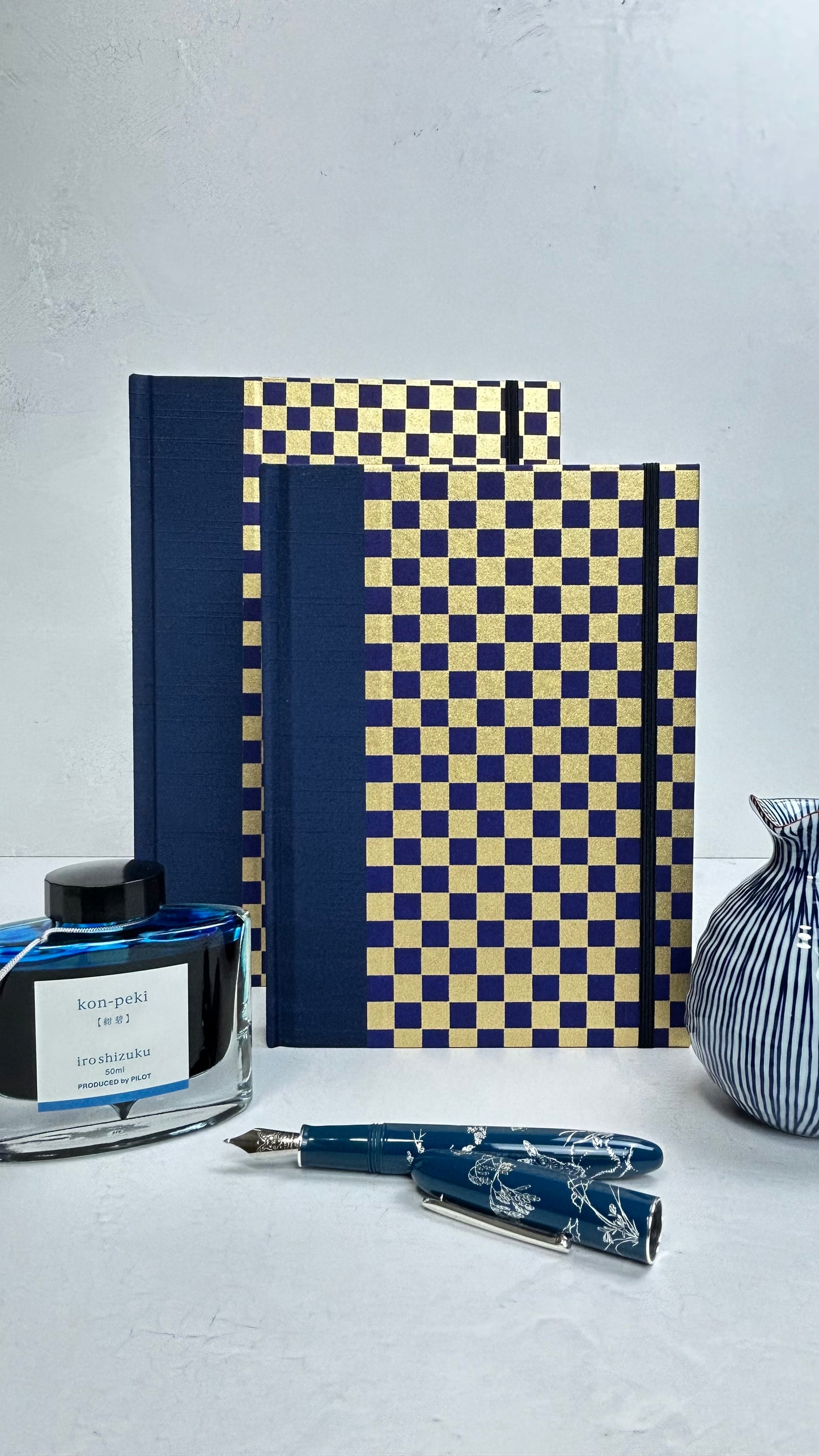 A5 160-page Hardcover Journal finished in Cadet Blue Japanese book cloth and Checkered Chiyogami Paper