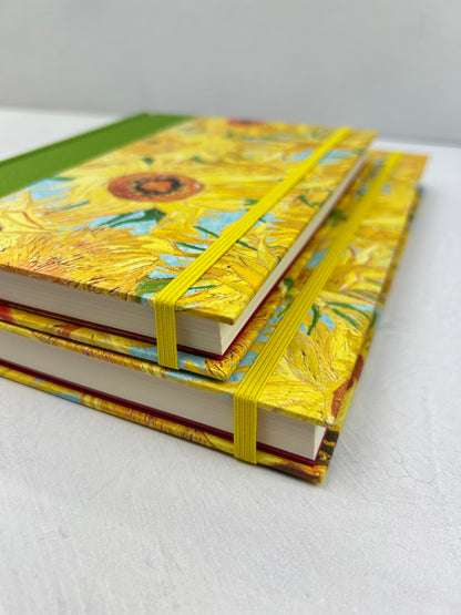 A5 160-page Hardcover Journal finished in Lemon Grass Green Verona book cloth and Sunflowers by Vincent Van Gogh