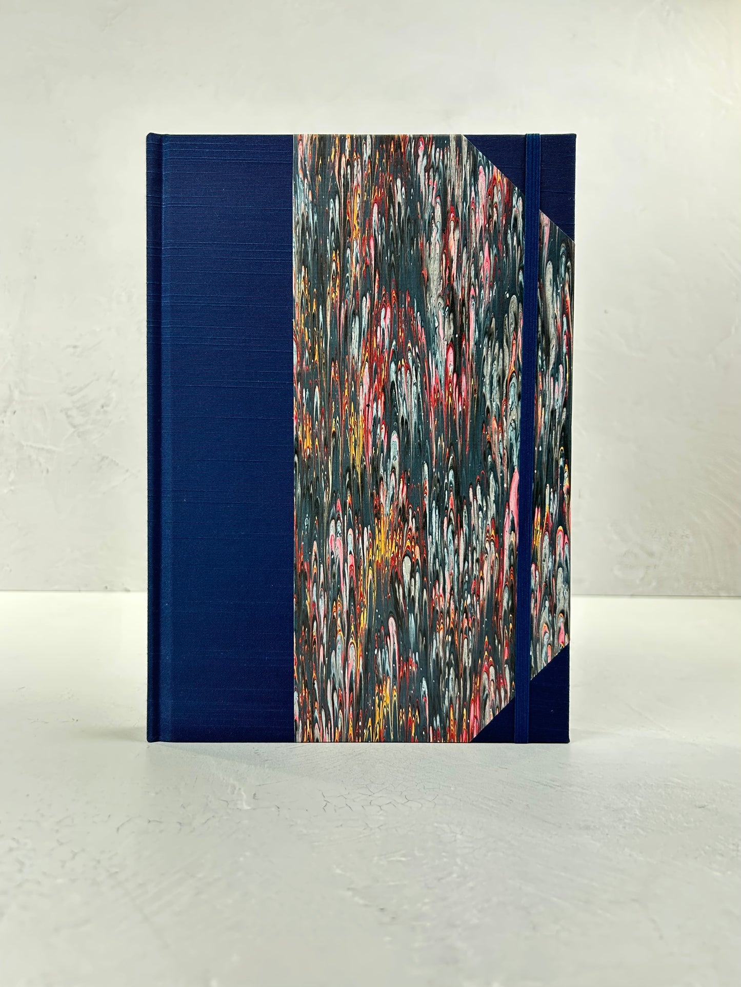 B5 192-page Hardcover Journal finished in Cadette Blue Japanese book cloth and French Marbled Paper