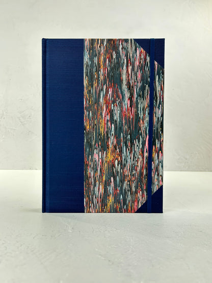 B5 192-page Hardcover Journal finished in Cadette Blue Japanese book cloth and French Marbled Paper