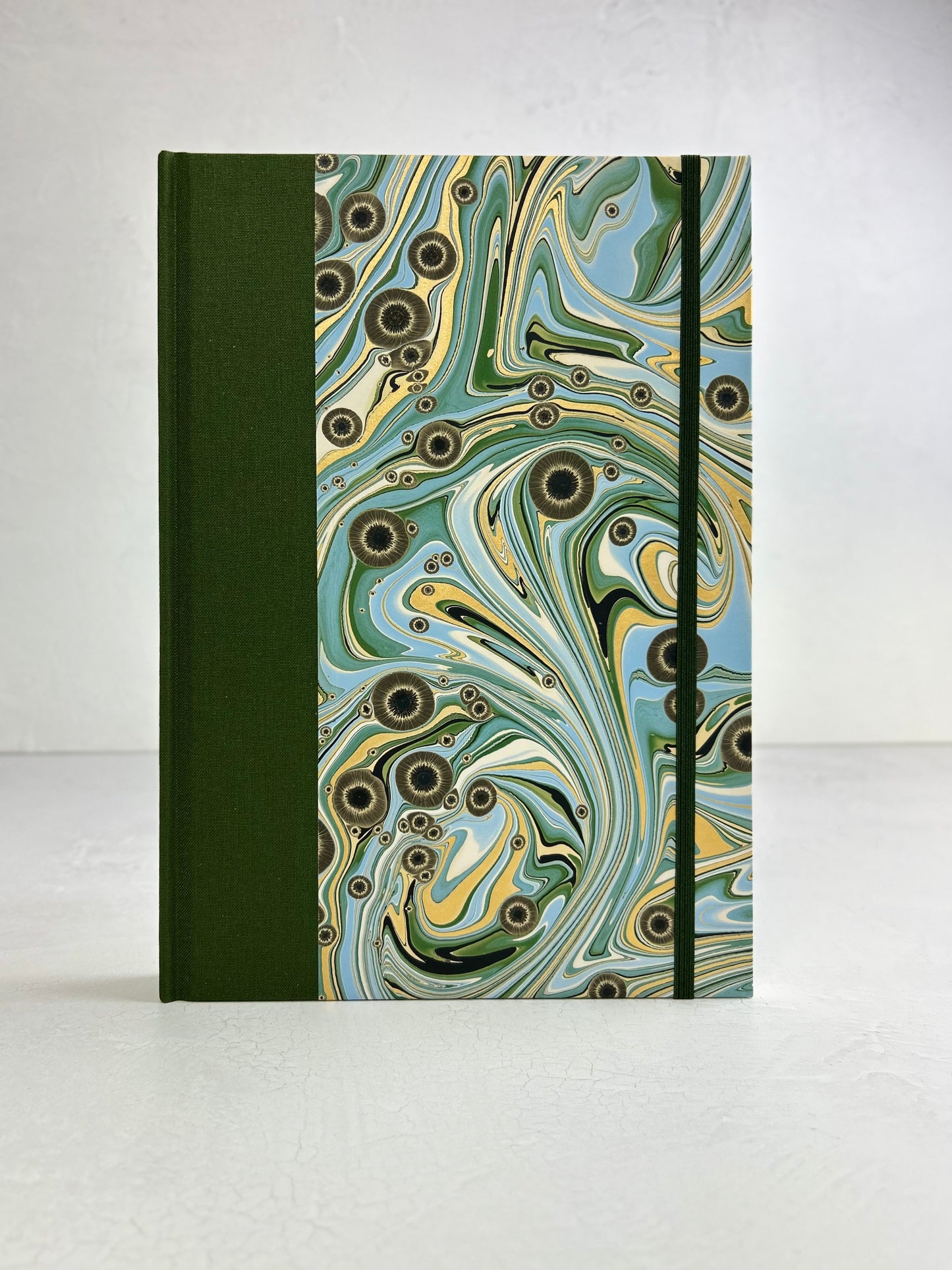 B5 192-page Hardcover Journal finished in Olive Italian Verona book cloth and Renato Crepaldi hand marbled decorative paper
