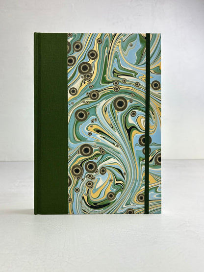 B5 192-page Hardcover Journal finished in Olive Italian Verona book cloth and Renato Crepaldi hand marbled decorative paper