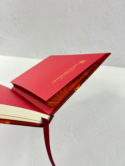 A5 160-page Hardcover Journal finished in Dark Red Japanese book cloth and hand marbled paper by Daniel Gaál