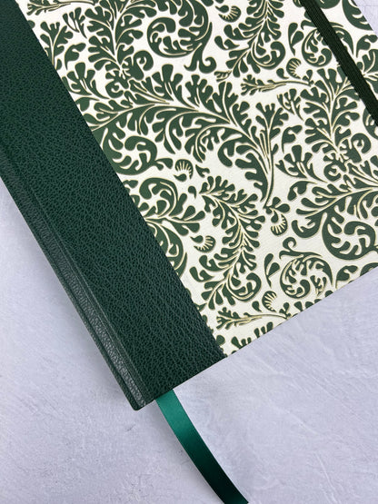 A5 160-page Hardcover Journal finished in Green Vaux Leather and green and gold fern Italian Florentine print