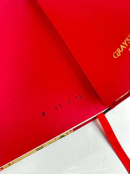 A5 160-page Hardcover Journal finished in Cardinal Red Japanese book cloth and White Cranes on Gold Chiyogami Paper