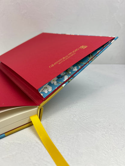 A5 Hardcover Notebook finished in Yellow Gold Japanese book cloth and Vincent Van Gogh Almond Blossoms