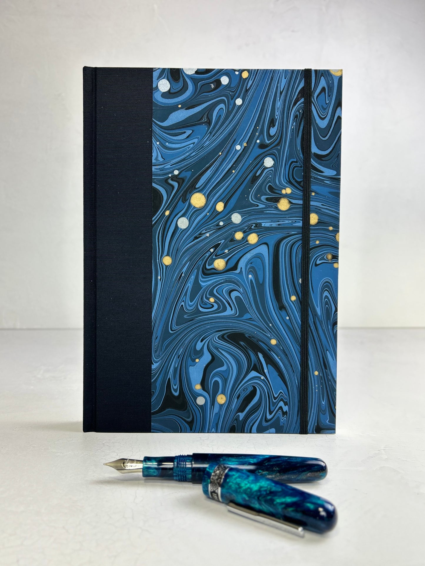 B5 192-page Hardcover Journal finished in Black Japanese book cloth and Renato Crepaldi hand marbled decorative paper