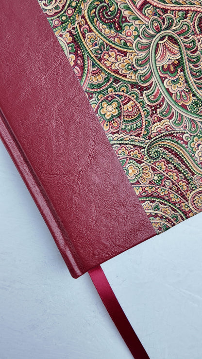 WABI-SABI B5 192-page Hardcover Journal finished in Maroon Faux Leather and Paisley Fabric