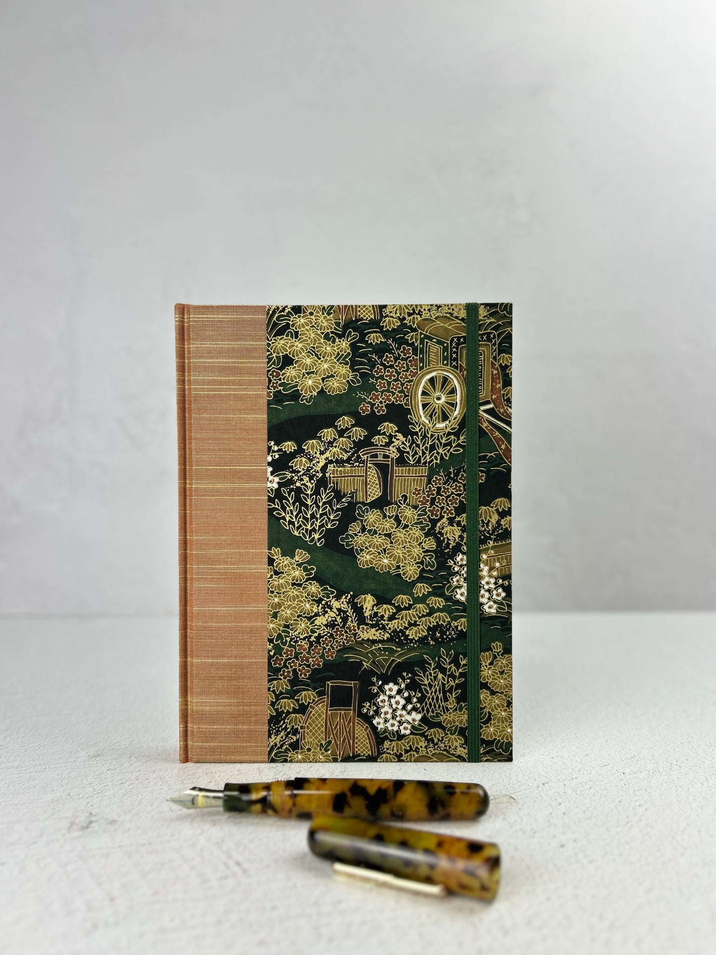 NEW A5 Hardcover Notebook finished in Bronze Japanese book cloth and Classic Green Gold Chiyogami Paper