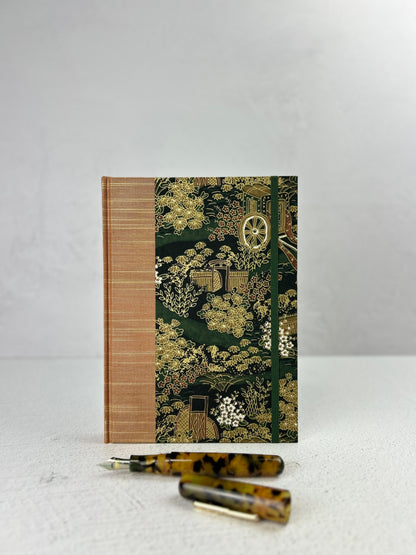 NEW A5 Hardcover Notebook finished in Bronze Japanese book cloth and Classic Green Gold Chiyogami Paper