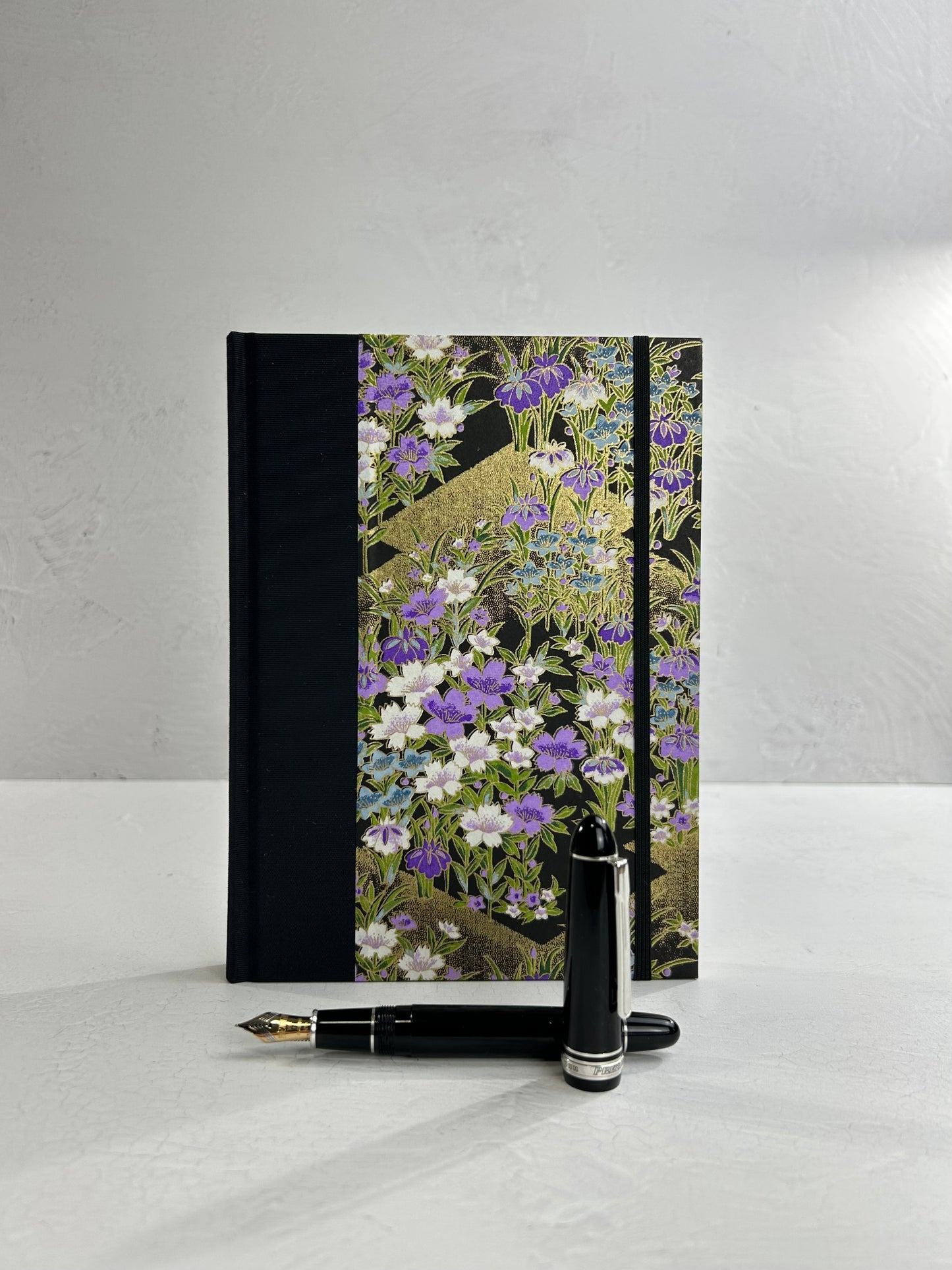 A5 160-page Hardcover Journal finished in black Japanese book cloth and purple wild flower Chiyogami paper