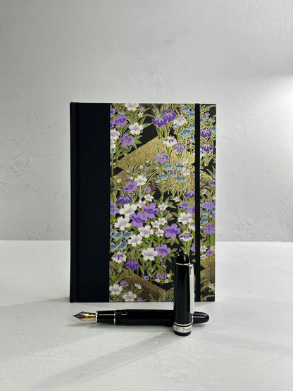 A5 160-page Hardcover Journal finished in black Japanese book cloth and purple wild flower Chiyogami paper