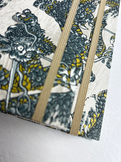 A5 160-page Hardcover Journal finished in Bronze Japanese book cloth and Dragon Chiyogami Paper