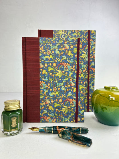 A5 160-page Hardcover Journal finished in Dark Red Japanese book cloth and Floral Italian Florentine Paper