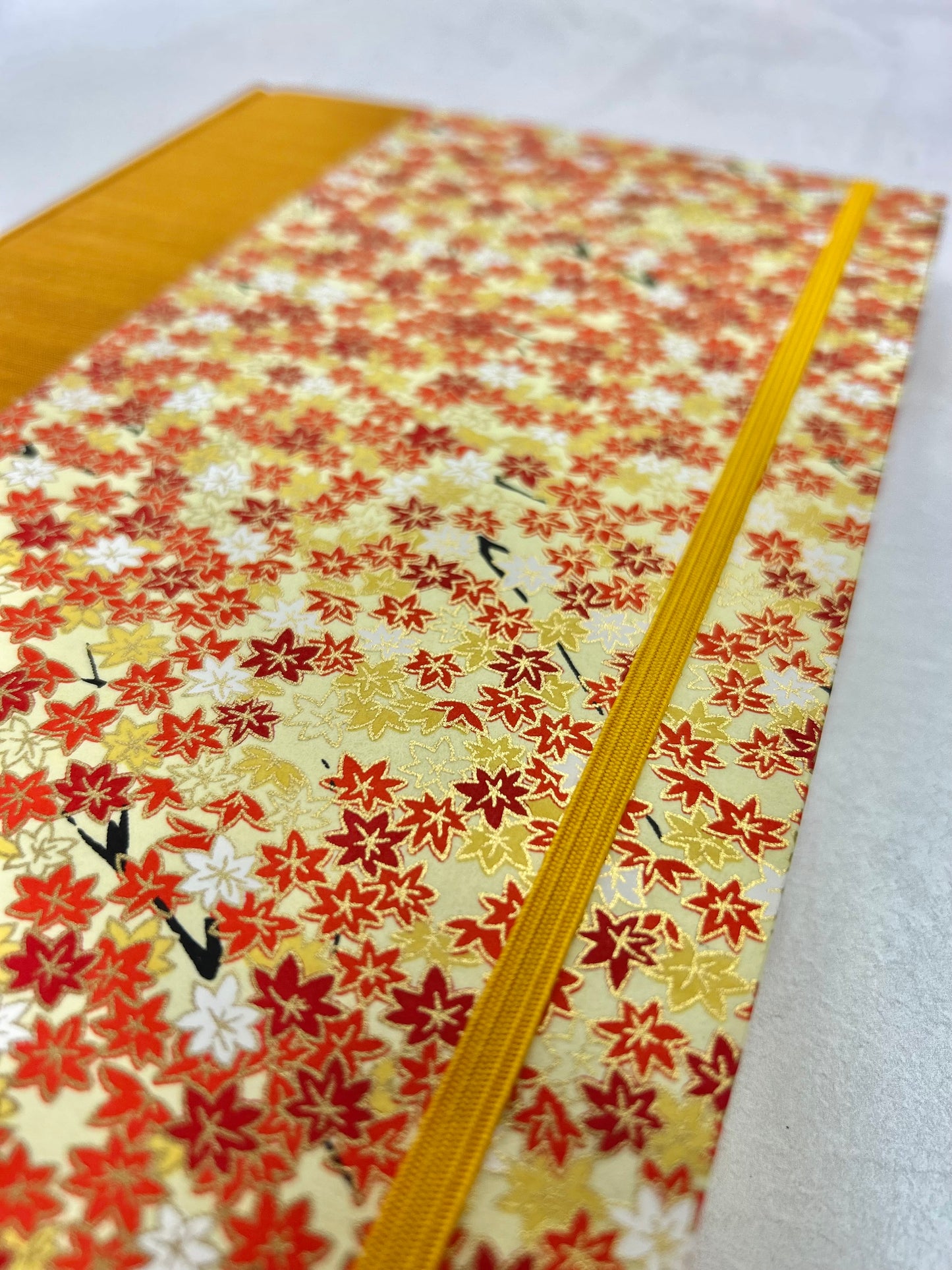 NEW A5 Hardcover Notebook finished in Ochre Japanese book cloth and Fall leaves Chiyogami Paper