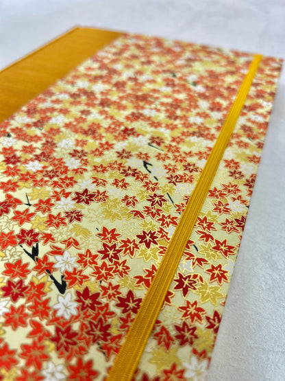 NEW A5 Hardcover Notebook finished in Ochre Japanese book cloth and Fall leaves Chiyogami Paper